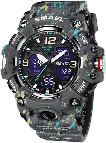 Vista 14 de SMAEL Reloj de pulsera militar para hombre, resistente al agua, para exteriores, deportivo, con fecha, multifunción, LED, con alarma y cronómetro