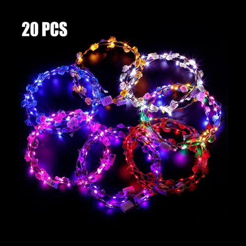 Vista 2 de 20 diademas LED con corona de flores, tocado luminoso con luces LED, corona de flores para niñas, mujeres, bodas, festivales, vacaciones, Navidad