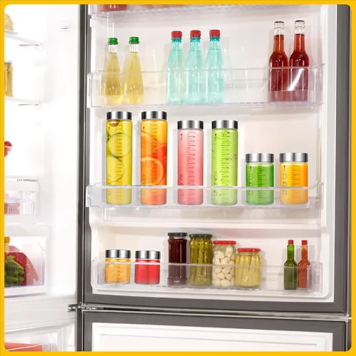 Vista 7 de Botellas de vidrio para jugo con tapas, botellas de agua de vidrio de boca ancha de 6 onzas para jugos, proteínas, batidos, leche, tapas de acero