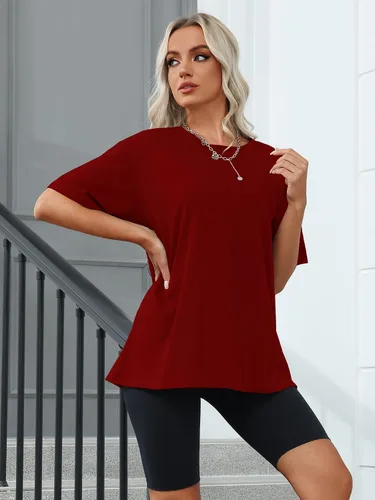 Vista 2 de Camisetas de gran tamaño para mujer, de manga corta, ajuste holgado, para verano, casual, básicas