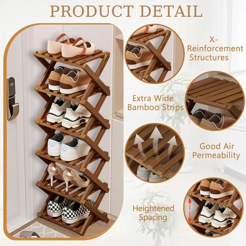 Vista 4 de Comeon Zapatero de bambú, zapatero vertical plegable para puerta delantera, entrada, organizador estrecho de zapatos, estante pequeño para zapatos