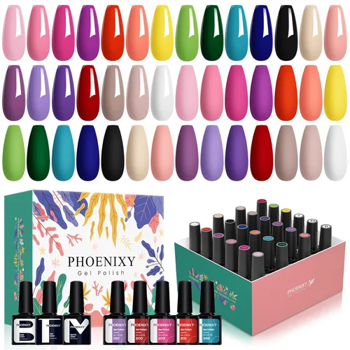 Vista 8 de phoenixy Juego de 24 esmaltes de uñas en gel, kit de uñas en gel removible de 21 colores, nude rosa rojo azul verde amarillo naranja, juego