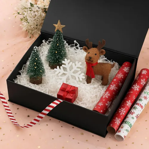Vista 4 de Caja de regalo mediana negra con tapa, cinta, bolsa de regalo y tarjeta de felicitación, 9.4 x 7 x 3 pulgadas, cierre magnético, ideal