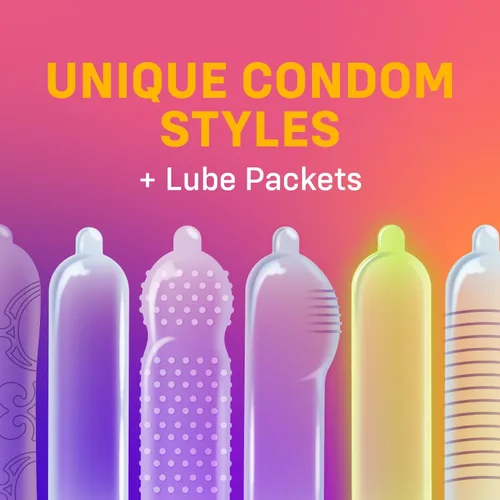 Vista 4 de ONE® Condones Mixed Pleasures™ Paquete variado Preservativos ultrafinos, brillantes, saborizados y texturizados 24