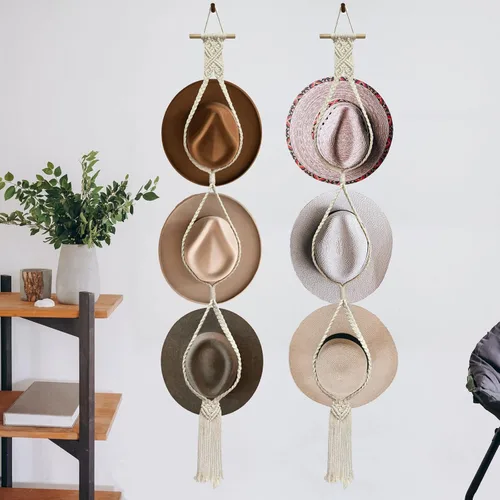 Vista 10 de Besoamo Perchas bohemias para sombreros, organizador de sombreros para pared, macramé para colgar en la pared, tejido a mano, organizador decorativo