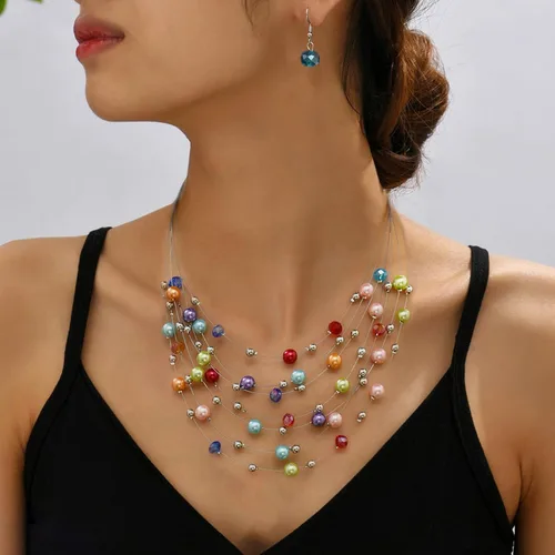 Vista 5 de YANCHUN Gargantilla de perlas para mujer, collar largo de perlas y aretes para mujer, rojo, negro, morado, blanco, rosa, collar de perlas gruesas