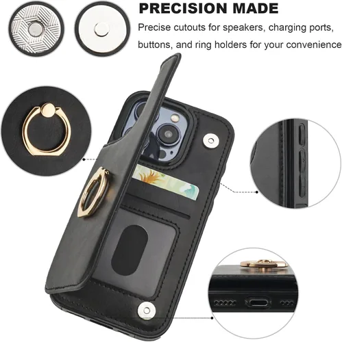 Vista 8 de ONETOP - Funda tipo cartera para iPhone 15 Pro con soporte para tarjetas, anillo de rotación de 360°, bloqueo RFID, piel sintética, doble cierre