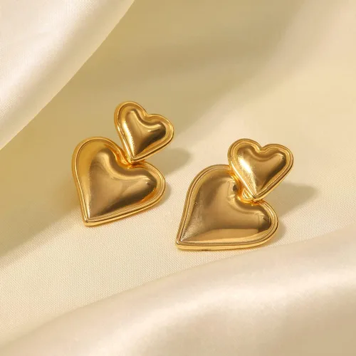Vista 2 de Caiyao Aretes colgantes chapados en oro y plata para mujer, hipoalergénicos, de doble corazón, grandes, grandes, grandes, joyería para fiesta