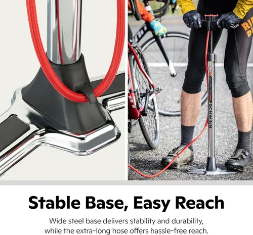 Vista 21 de Schwinn Serie Air Center o bomba de piso básica, para una gama de bicicletas, 100, 120 o 160 PSI, mango de agarre suave, cabezal doble para válvulas