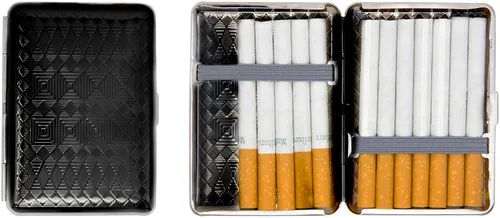 Vista 13 de Juego de 2 cajas de cigarrillos compactas chapadas en metal tamaño King con bandas elásticas (oro ovalado)