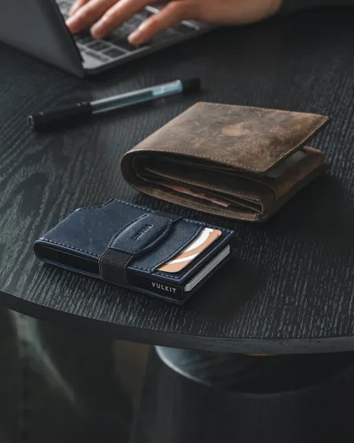 Vista 5 de VULKIT Billetera desplegable para tarjetas con correa de dinero, bolsillo frontal de cuero, con ventana de identificación, bloqueo RFID, funda