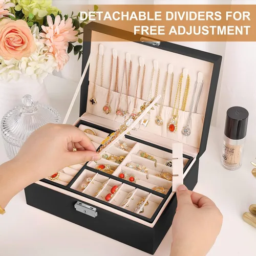 Vista 6 de Joyeros para mujeres y niñas, 2 capas de cuero, organizador de joyas con cerradura, bandeja extraíble para collar, aretes, anillo con paño de pulido