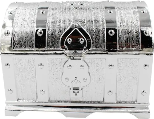 Vista 16 de Cofre del tesoro pirata para niños: pequeña caja del tesoro con cerradura y llave, caja de colección vintage de plástico para almacenamiento