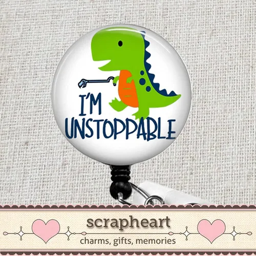 Vista 3 de Carrete de identificación con texto en inglés "I Unstoppable OT, soporte de identificación de enfermera, carrete de identificación de dinosaurio