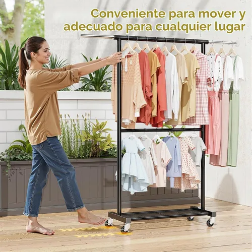 Vista 6 de Perchero de ropa estándar, 50 pulgadas de largo, con estantes de malla sobre ruedas, estante de armario portátil ajustable para dormitorio, cuarto