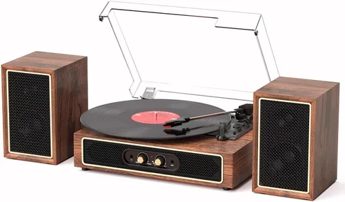 Vista 12 de Reproductor de discos de vinilo con 4+2 altavoces estéreo externos Bluetooth, tocadiscos de 3 velocidades con correa para discos de vinilo, dos