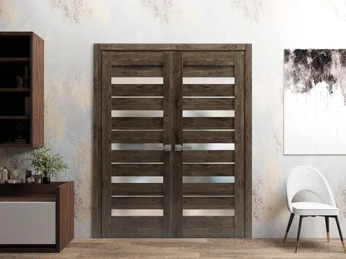 Vista 2 de Puertas dobles francesas macizas interiores de 36 x 80 pulgadas Quadro 4445 roble coñac con vidrio esmerilado Moldes de marco de panel sólido