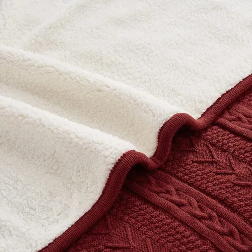 Vista 7 de Longhui bedding - Manta de punto trenzado de acrílico sherpa, gruesa, suave, grande, acogedora, manta de vellón tejida de color rojo vino para sofá