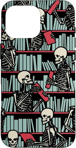Vista 19 de iPhone 16 Bookish Public Library Skeleton Goth Librarian Books Pattern Case