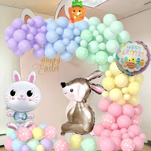 Vista 4 de Yumiche Arco de globos de Pascua, arco de globos de primavera, arco Ki con globos pastel, globos de papel de aluminio de conejo y zanahoria