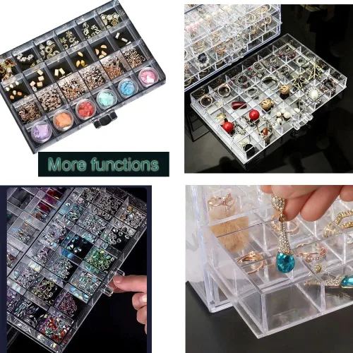 Vista 3 de CLUQMEIK Caja organizadora de aretes acrílico transparente para aretes collares cuentas organizador de puntas de uñas caja de joyería con 72
