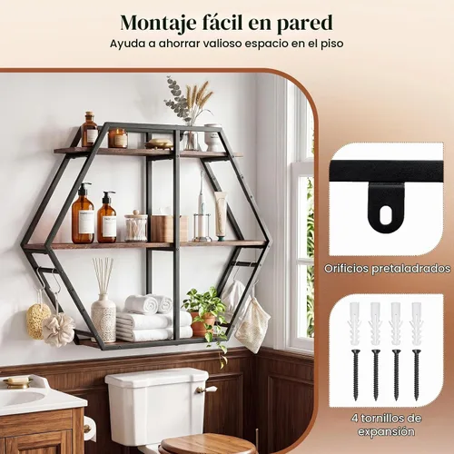 Vista 8 de Tangkula Estante hexagonal de pared, estantería geométrica de 3 niveles con 4 ganchos en forma de S y marco de metal resistente, estante