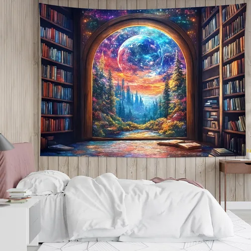Vista 28 de LB Tapiz de cielo nocturno y océano, tapiz de luna llena sobre el agua, tapiz para colgar en la pared, tapiz de fantasía mágica de acuarela 3D, arte