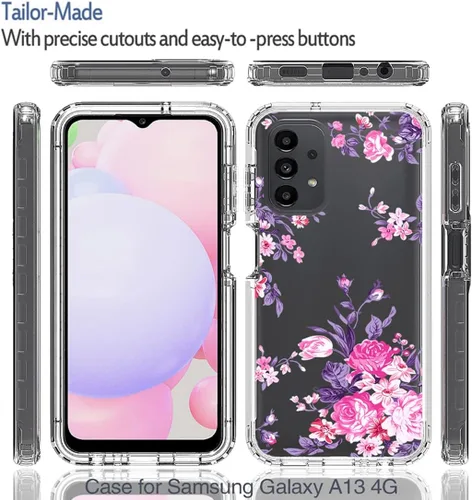 Vista 5 de Funda para Galaxy A13 4G/A13 LTE 4G SM-A135F con protector de pantalla de vidrio templado, cuerpo completo transparente floral TPU Slim Funda