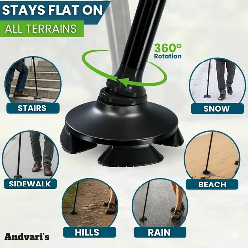 Vista 7 de Bastón para hombres y mujeres – Plegable, ajustable, bastón autoestable con base pivotante de 360°, agarre cómodo, bastones resistentes para Negro