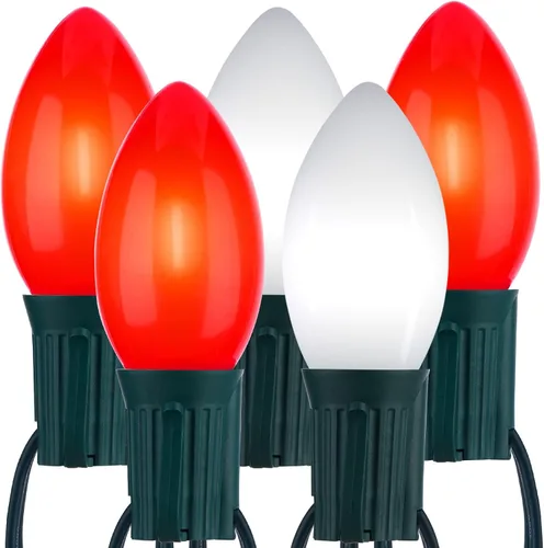 Vista 11 de Luces LED vintage C9 de Navidad para exteriores, 50 pies C9 con 50 bombillas C9 inastillables, impermeables, conectables, comerciales
