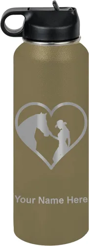Vista 68 de LaserGram Botella de agua personalizada, corazón de vaquera de caballo, acero inoxidable de doble pared aislada al vacío con popote superior, regalo