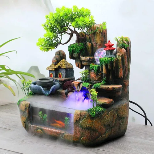 Vista 3 de Fuente de agua de mesa, mini fuente de cascada silenciosa con luces LED coloridas y atomizador, silenciosa rocalla de escritorio para relajación