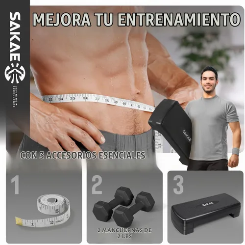 Vista 2 de Juego de Step Aeróbico con Mancuernas y Cinta Métrica, Altura Ajustable con Elevadores de 2 Niveles, Plataforma de Step para Ejercicios