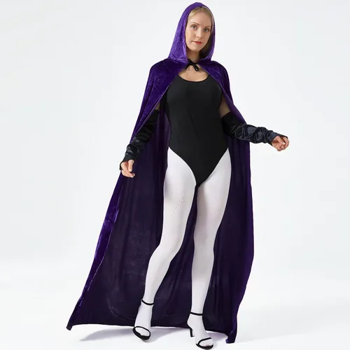 Vista 4 de Shinymoon Women's Halloween Cosplay Costume Purple Bodysuit with Hooded Cloak Velvet Cape Foot Tight Satin Gloves Suits