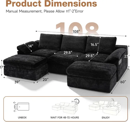 Vista 2 de Sofá modular de nube de 108 pulgadas para sala de estar, sofá deshuesado en forma de U con asiento profundo, moderno de 5 plazas con otomana