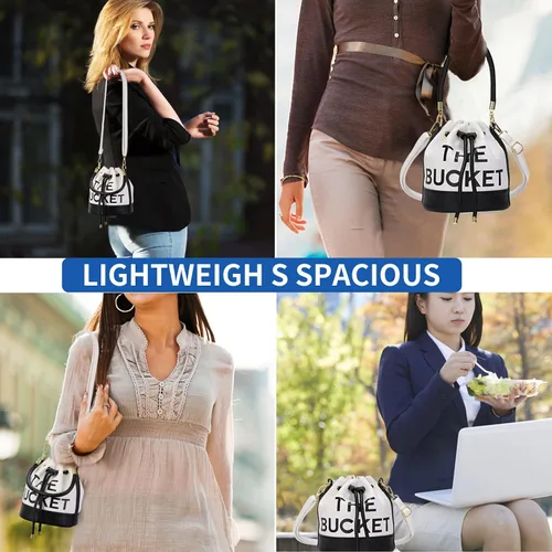 Vista 2 de JQAliMOVV The Bucket Bags para mujer, mini bolso de cuero con cierre de cordón cruzado