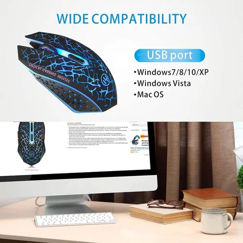 Vista 6 de TENMOS K6 - Ratón inalámbrico para juegos, mouse óptico LED silencioso recargable con receptor USB, 3 niveles de DPI ajustables y 6 botones