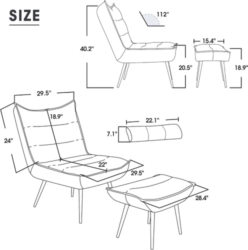 Vista 3 de MCombo Wingback - Silla decorativa con otomana, moderna tela bronceadora tapizada para espacios pequeños, sala de estar 4400 (gris oscuro)