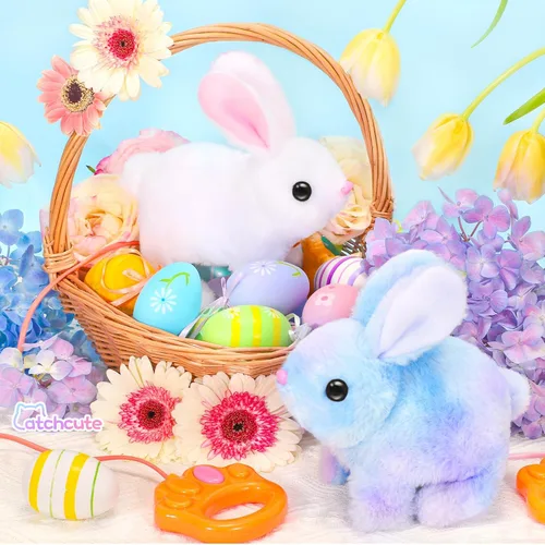 Vista 3 de CatchCute - Conejitos de peluche de Pascua para niños, conejo interactivo con sonidos, puede caminar y mover la cola con correa de control remoto