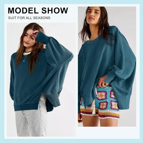 Vista 2 de Beaully Sudadera de gran tamaño con cuello redondo para mujer, con abertura lateral, manga larga, ropa de invierno