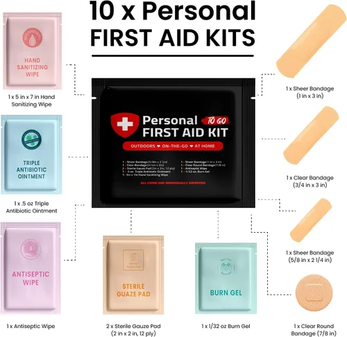 Vista 2 de Kit de primeros auxilios portátil de tamaño de viaje, paquete de 10 Perfecto para el hogar, oficina, automóvil, escuela, negocios, viajes