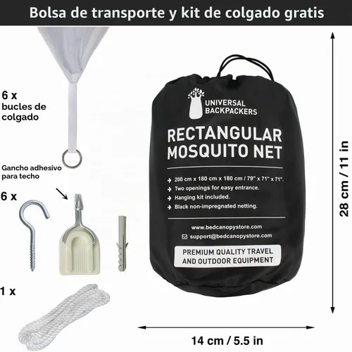 Vista 5 de Mosquitera negra para camas Queen y King Size - Toldo de cama de 2 lados con apertura lateral Red de forma rectangular para el hogar y viajes