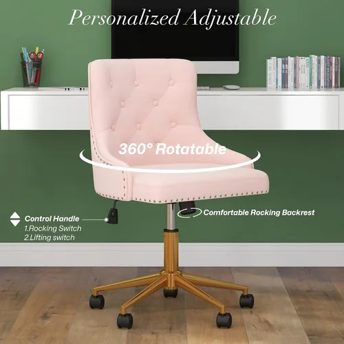 Vista 5 de Silla giratoria moderna, cómoda silla de escritorio tapizada de terciopelo con ribete de cabeza de clavo, silla de tocador ajustable sin brazos