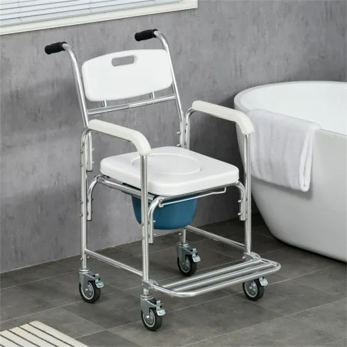 Vista 4 de Silla de cama 4 en 1, silla de ruedas para ducha, silla de transporte portátil con brazos y 4 frenos, inodoro portátil para adultos, personas