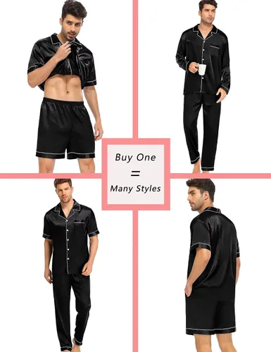 Vista 2 de SWOMOG Conjunto de pijama de seda satinada para hombre, 3 piezas, ropa de dormir de manga corta, con botones, ropa de dormir clásica