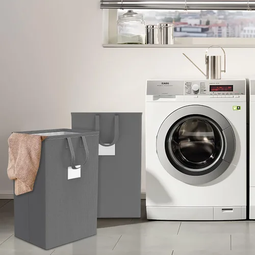 Vista 7 de Canasta de lavandería grande de 75 litros con asas, cesta de ropa sucia impermeable para dormitorio, cesto de lavandería independiente y alto Gris