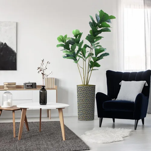 Vista 7 de Árbol artificial en macetero con patrón geométrico moderno, palmera tropical areca artificial de seda para decoración del hogar en interiores