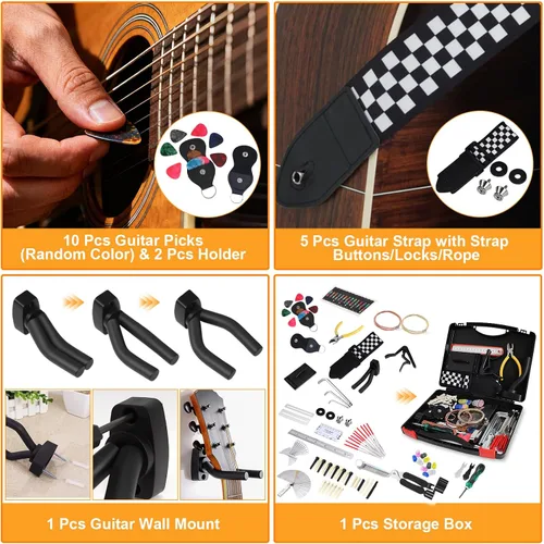 Vista 7 de Kit de herramientas de guitarra de 146 piezas, kit de reparación profesional de guitarra, kit de mantenimiento de guitarra con accesorios