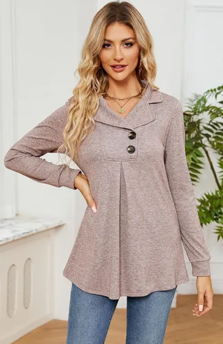 Vista 2 de Newchoice Blusa de manga larga para mujer, para leggings, casual, cuello de muesca, con botones, sudadera sin botones