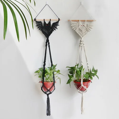 Vista 4 de Macetas colgantes de macramé en forma de murciélago para plantas de interior, hechas a mano, cuerda de algodón tejida a mano, maceta y tapiz